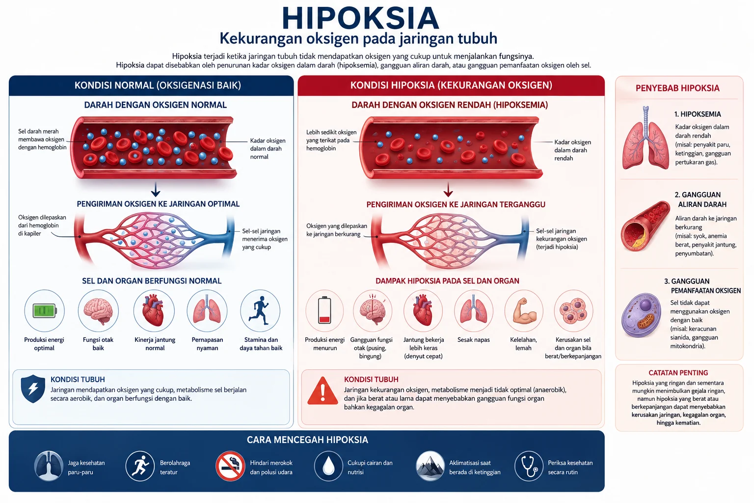 Infografik hipoksia: perbandingan kondisi oksigenasi normal dengan kondisi hipoksia pada darah, pengiriman oksigen ke jaringan, dampaknya pada sel dan organ, penyebab, serta cara pencegahan