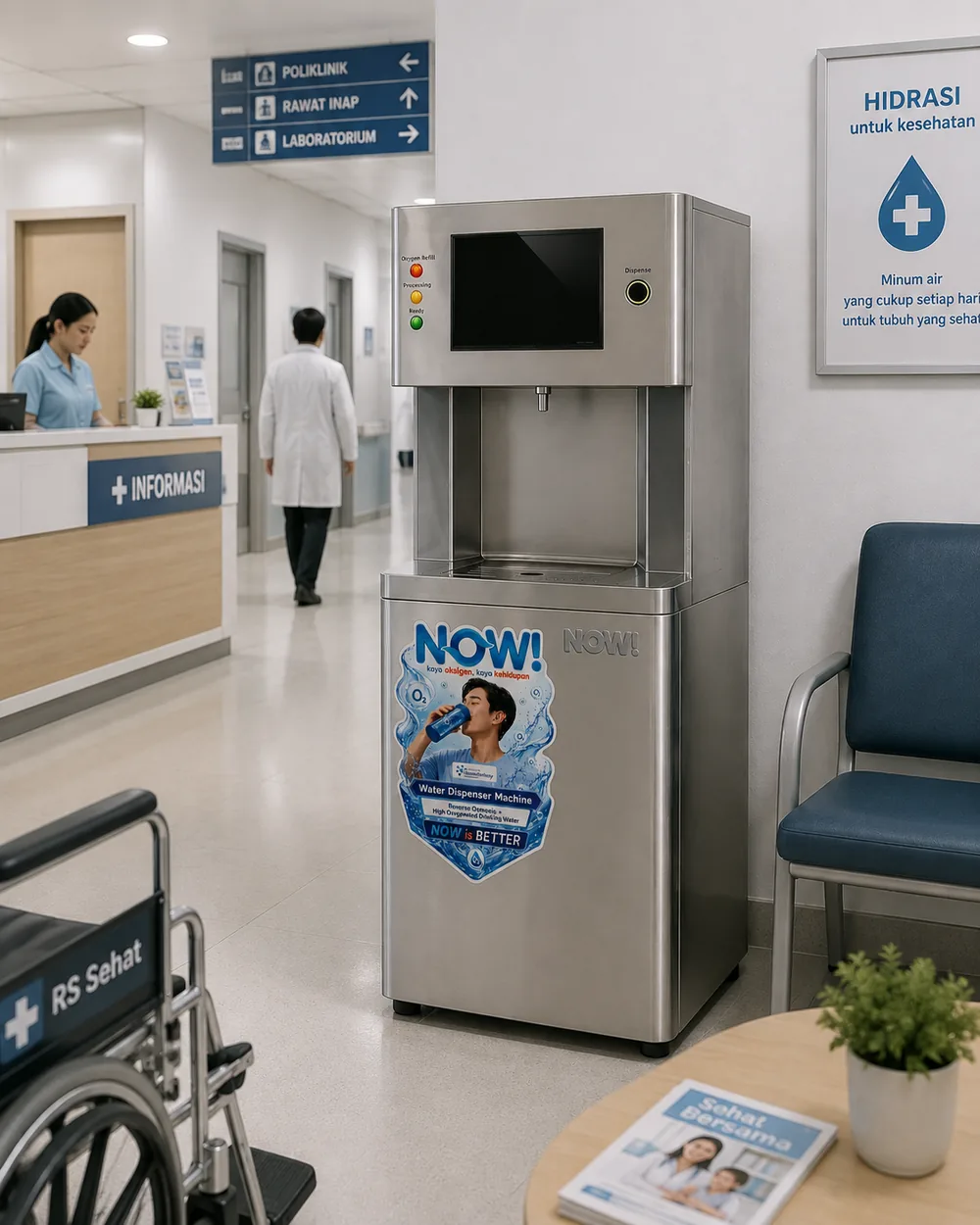 Tap Water model Dispenser terpasang di lobi rumah sakit