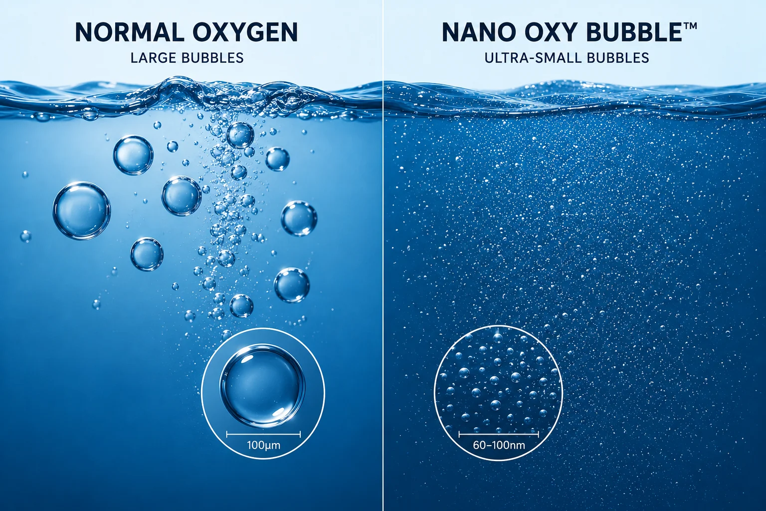 Perbandingan gelembung oksigen biasa berukuran 100 mikrometer dengan Nano Oxy Bubble berukuran 60 sampai 100 nanometer