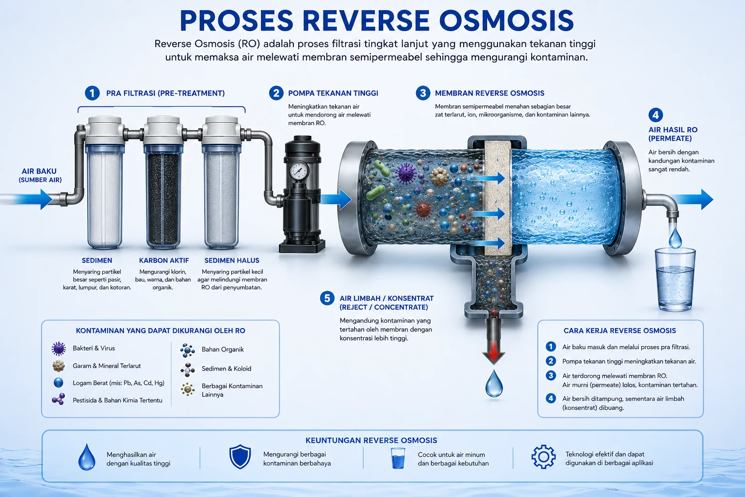 Diagram lima tahap proses Reverse Osmosis: air baku, pra filtrasi sedimen dan karbon aktif, pompa tekanan tinggi, membran semipermeabel, lalu air hasil RO dan air limbah konsentrat